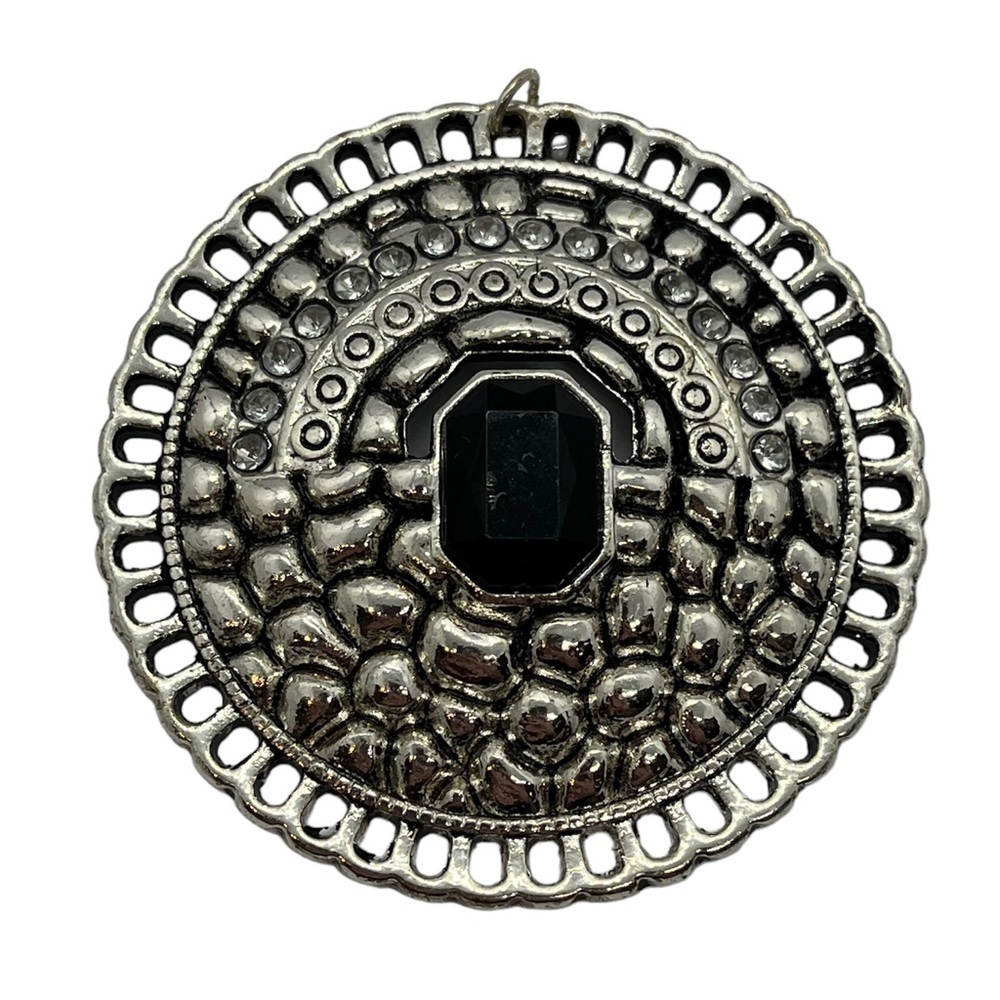 VINTAGE Silver Tone Round Textured Pendant Black Gem Cut Outs Rhinestones